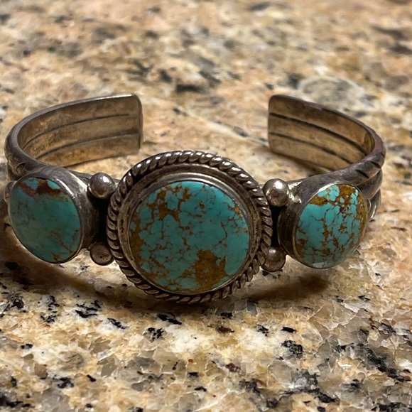 Silver 3 Stone Turquoise cuff Bracelet $2500 Signed - Picture 5 of 11